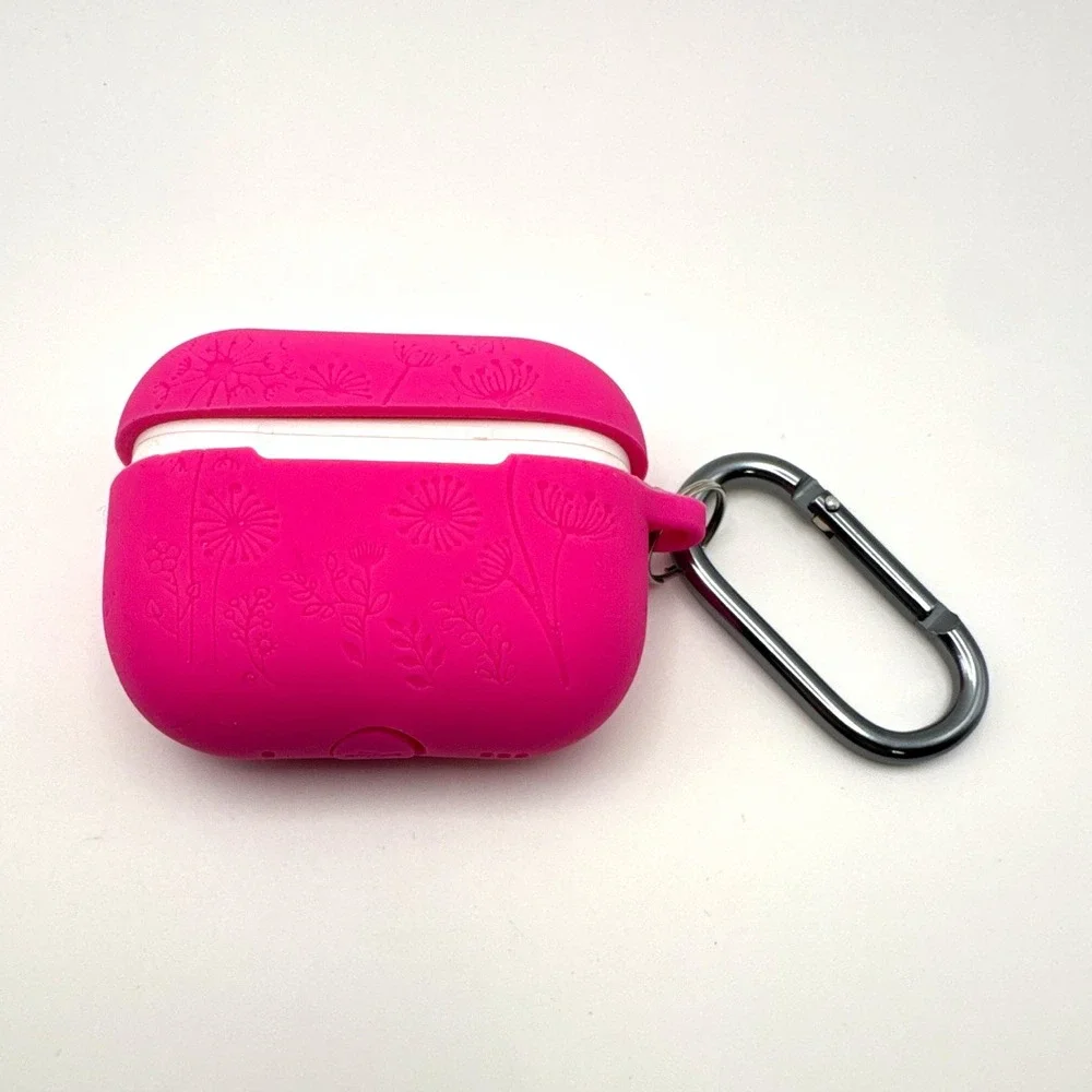 Pink Silicone Floral Fitted Case Cover w/ Carabiner Clip for AirPods Pro 1st